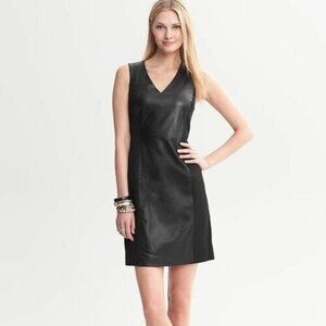 Banana Republic Womens V Neck Sheath Dress - Black Leather Cotton, Size 12